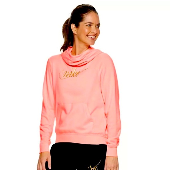 NIKE Peach Pink Metallic Gold Funnel Cowl Neck Hoodie Sweatshirt - Picture 1 of 5